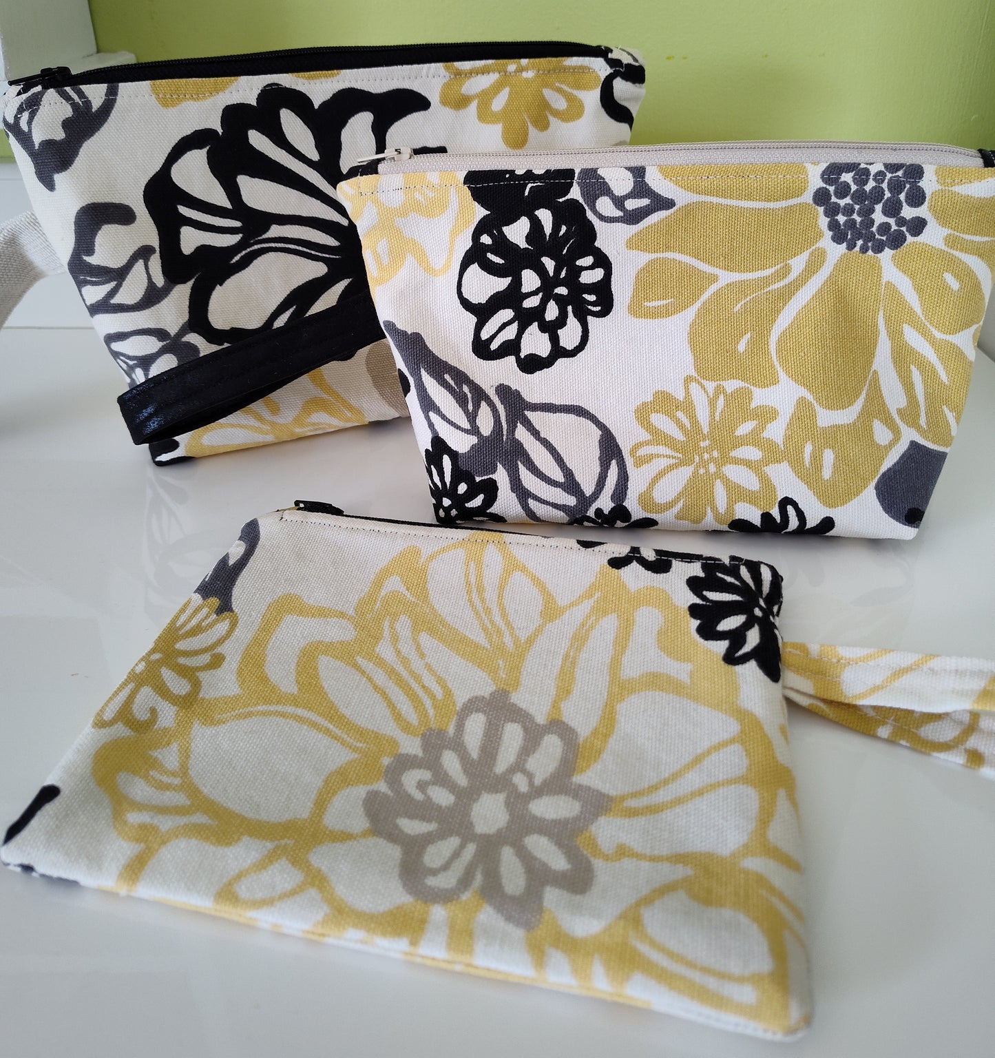 Yellow and Black Flower Cornered Zippered Pouch - Large