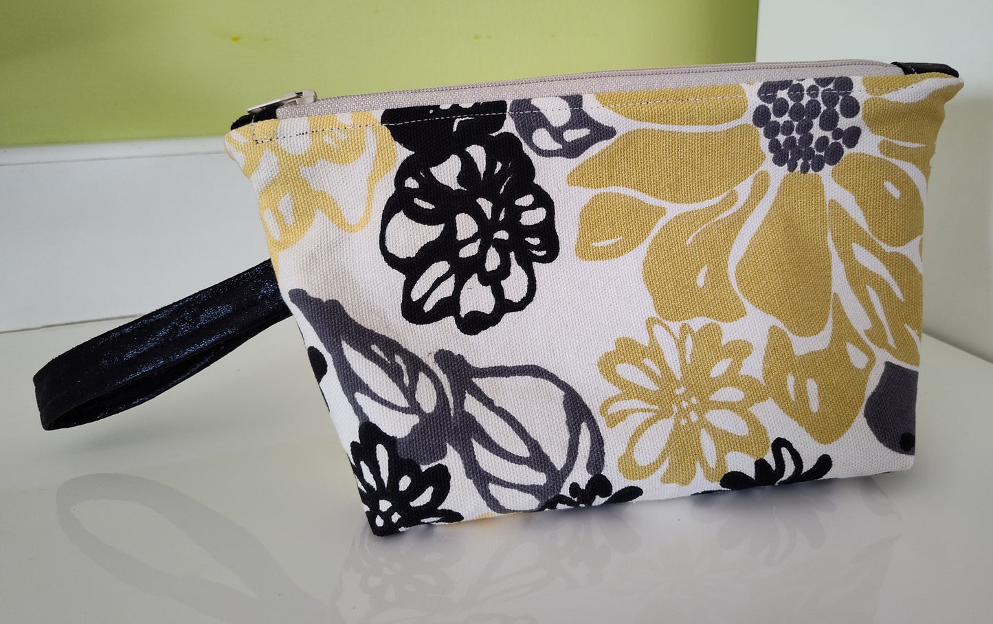 Yellow and Black Flower Cornered Zippered Pouch - Medium