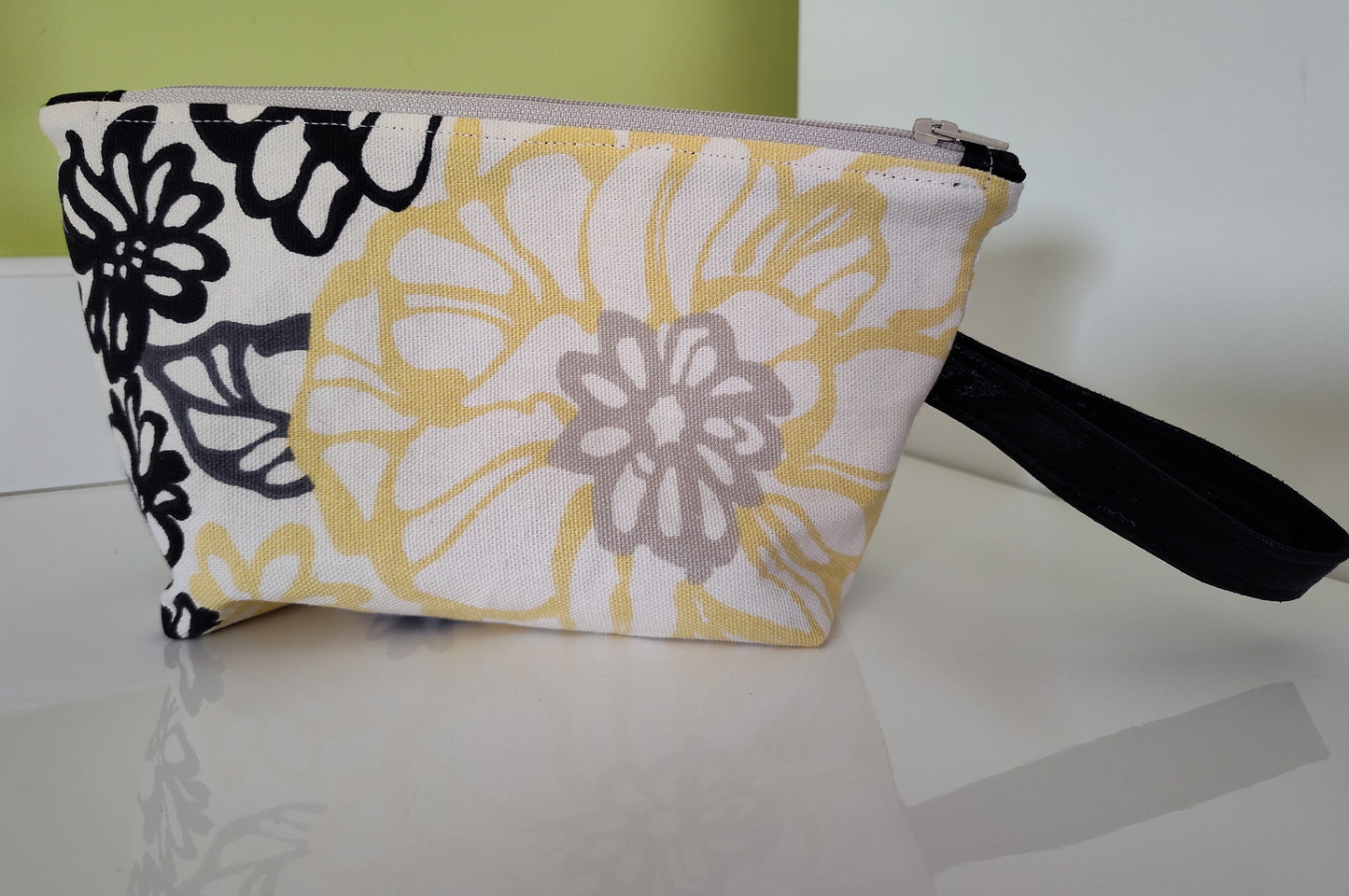 Yellow and Black Flower Cornered Zippered Pouch - Medium