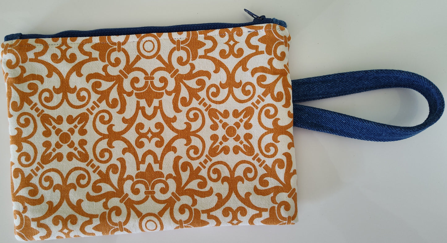 Orange Geo Paisley Zippered Pouch with Wrist Handle