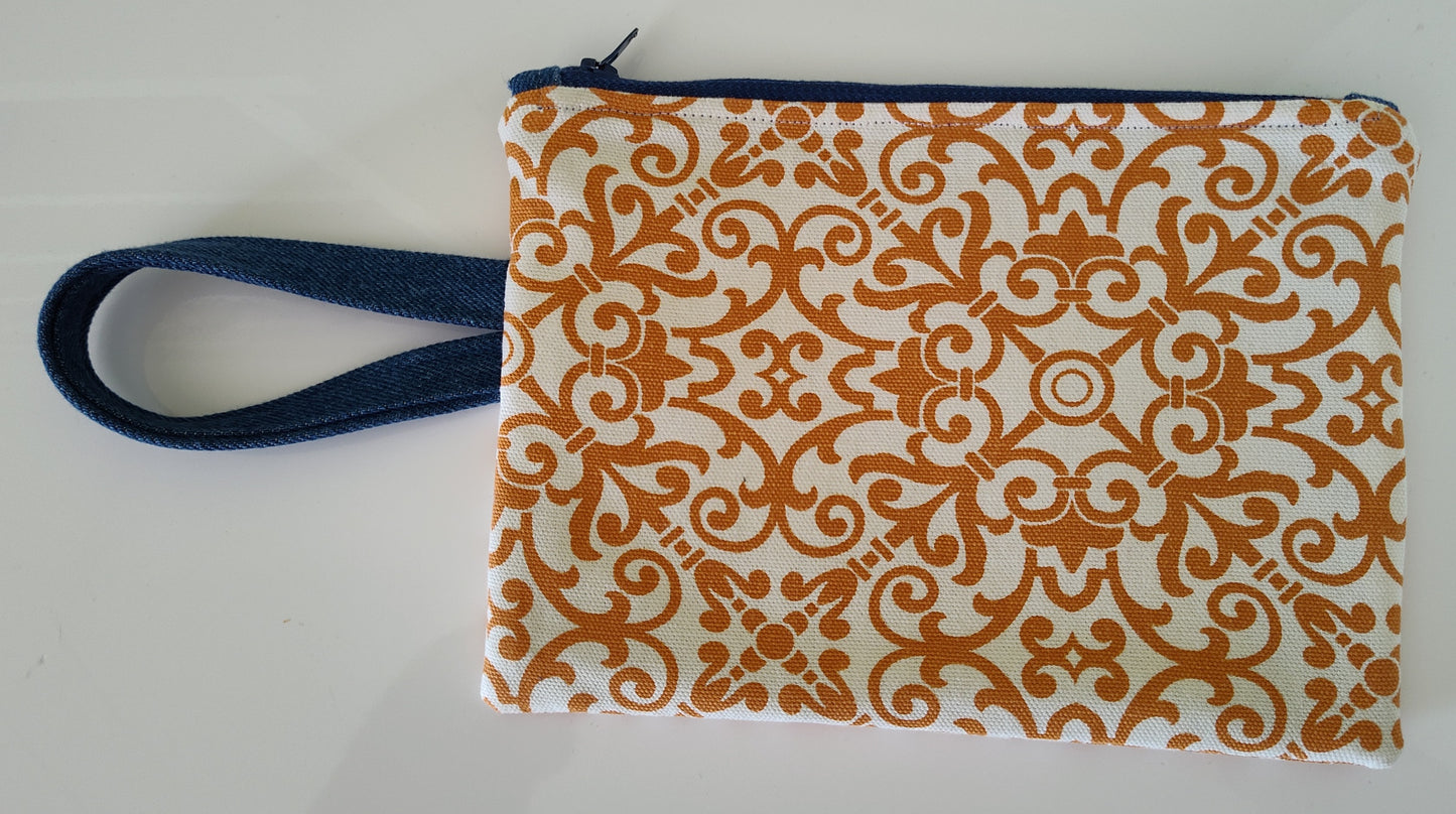 Orange Geo Paisley Zippered Pouch with Wrist Handle