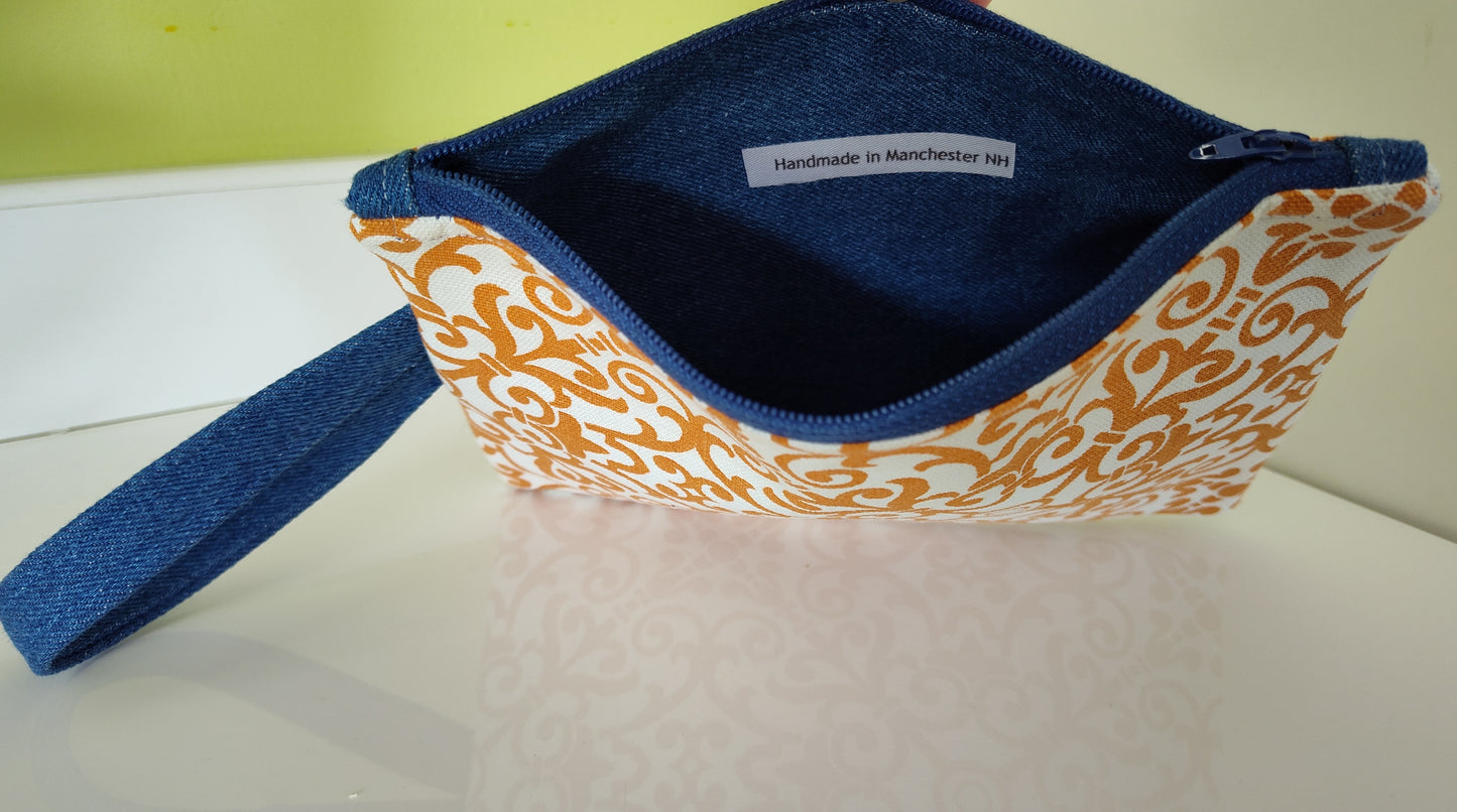 Orange Geo Paisley Zippered Pouch with Wrist Handle
