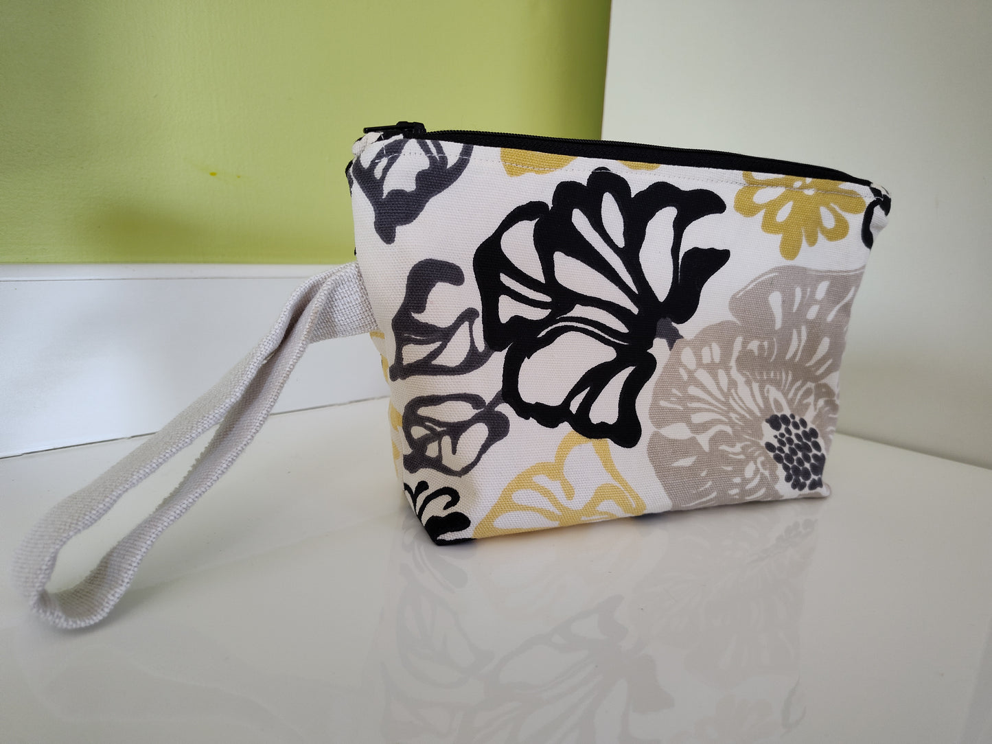 Yellow and Black Flower Cornered Zippered Pouch - Large