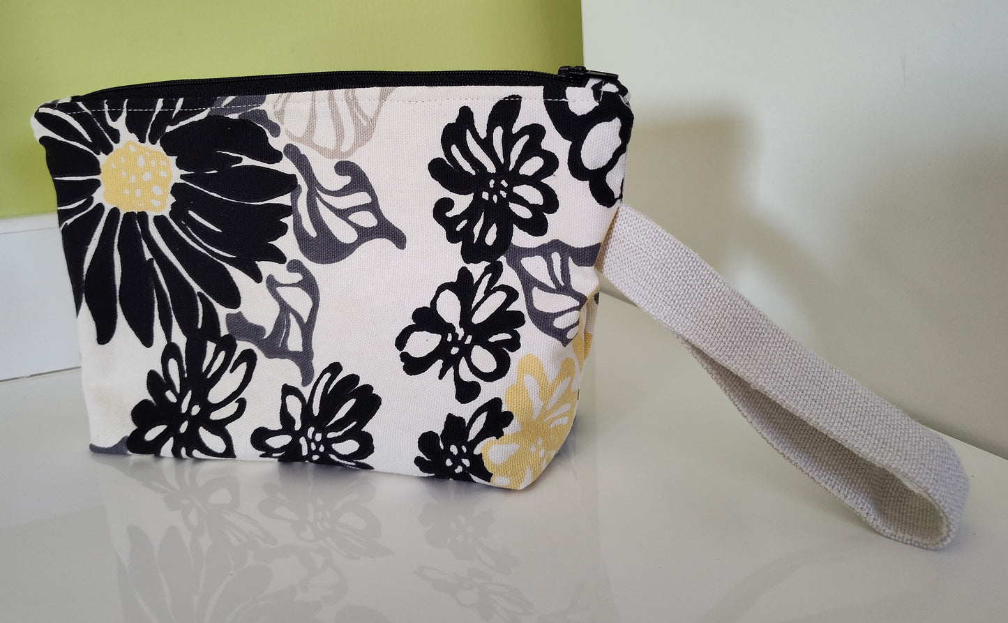 Yellow and Black Flower Cornered Zippered Pouch - Large