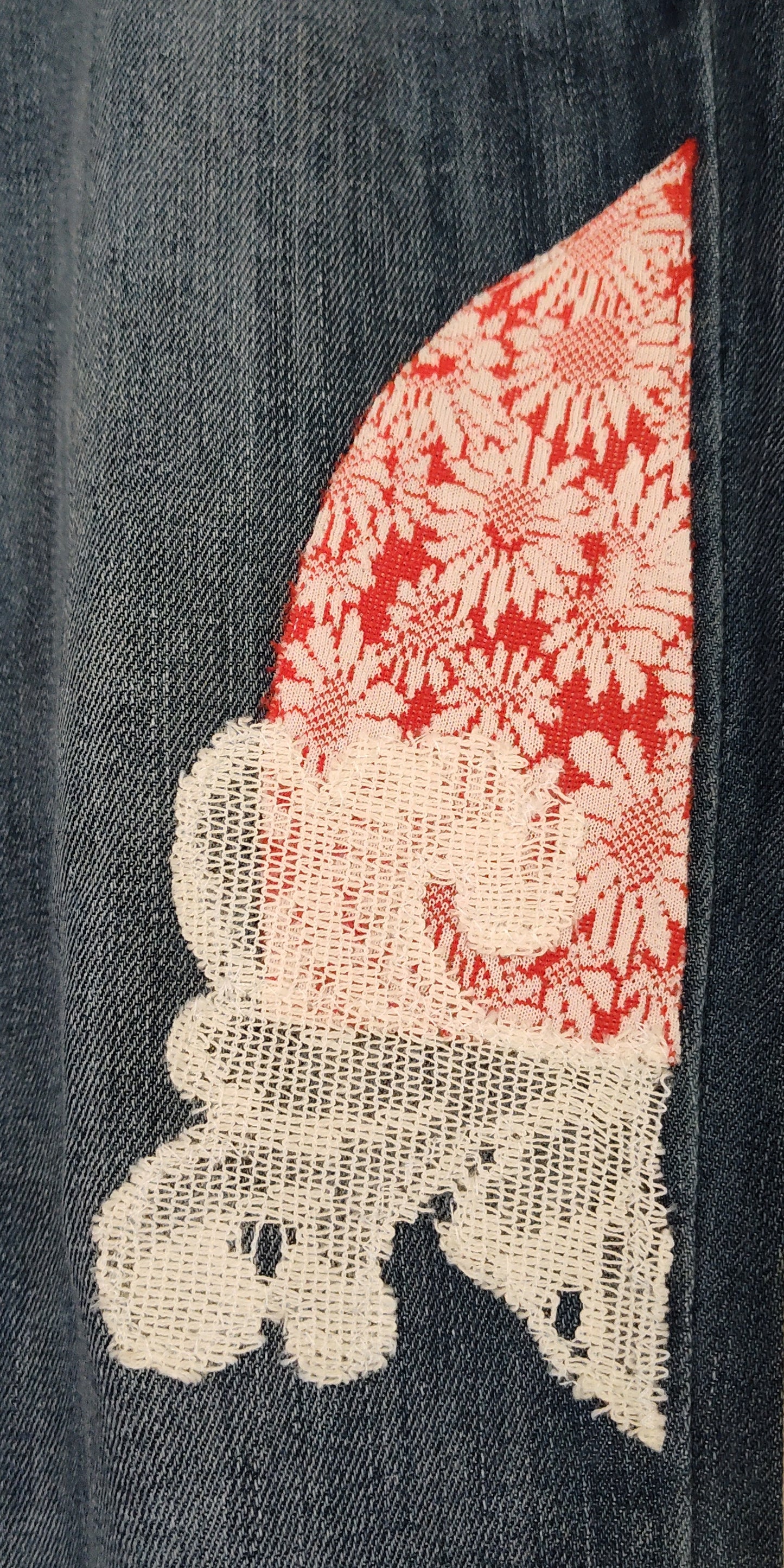red flower jeans, knit sunflower print with lace, cropped jeans, front lace and red flower patch detail, size 12