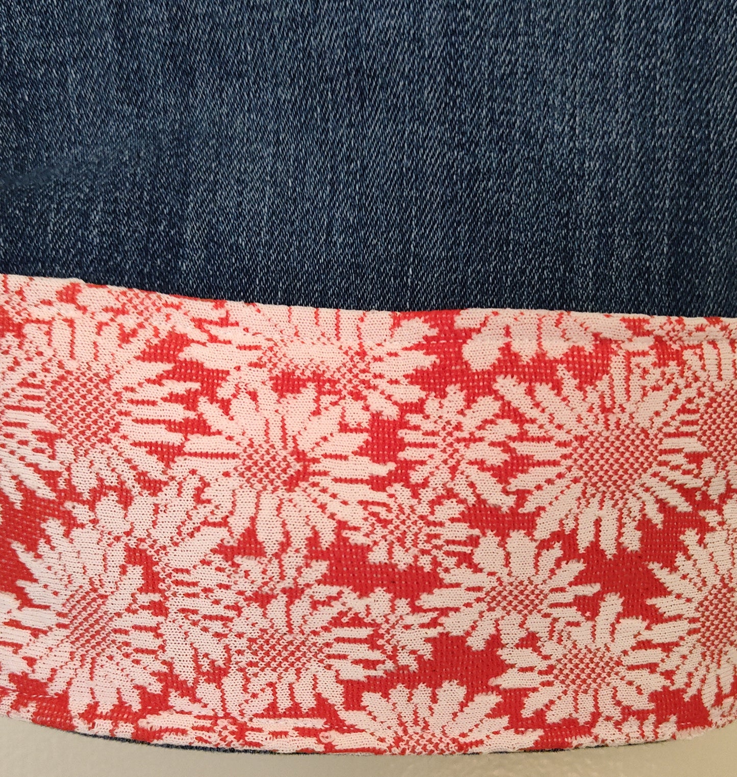 red flower jeans, knit sunflower print with lace, cropped jeans, cuff detail, size 12