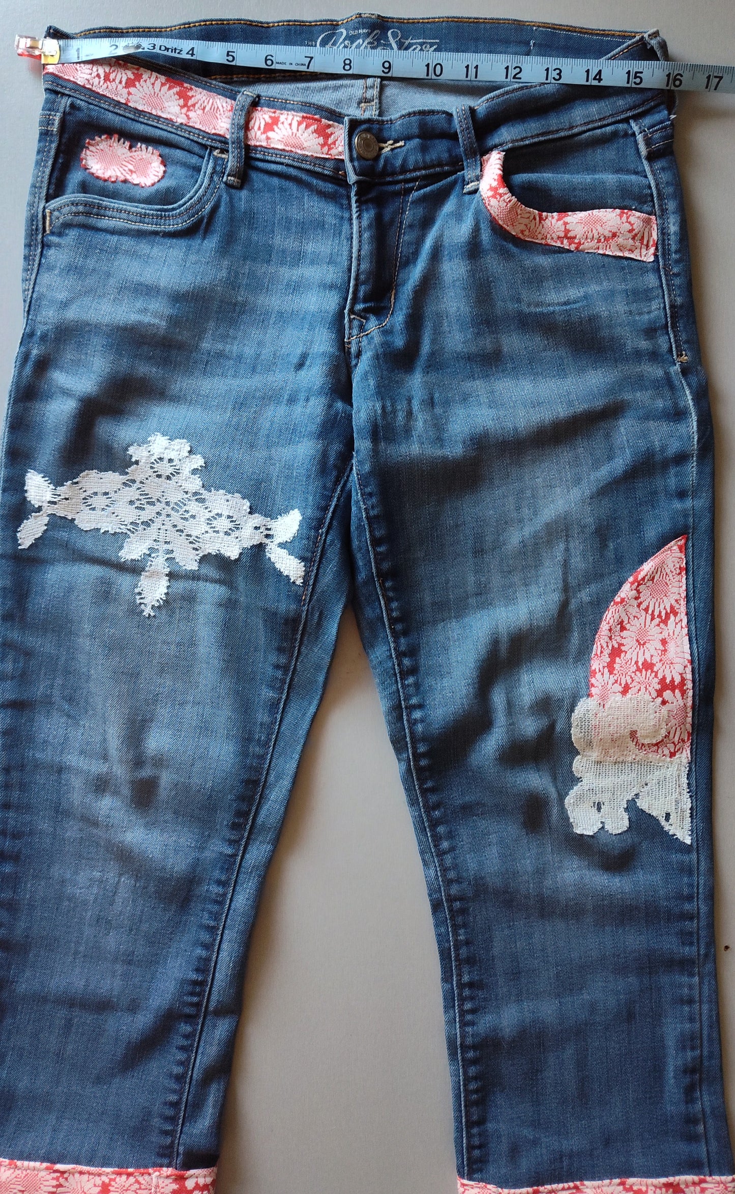 red flower jeans, knit sunflower print with lace, cropped jeans, front, size 12