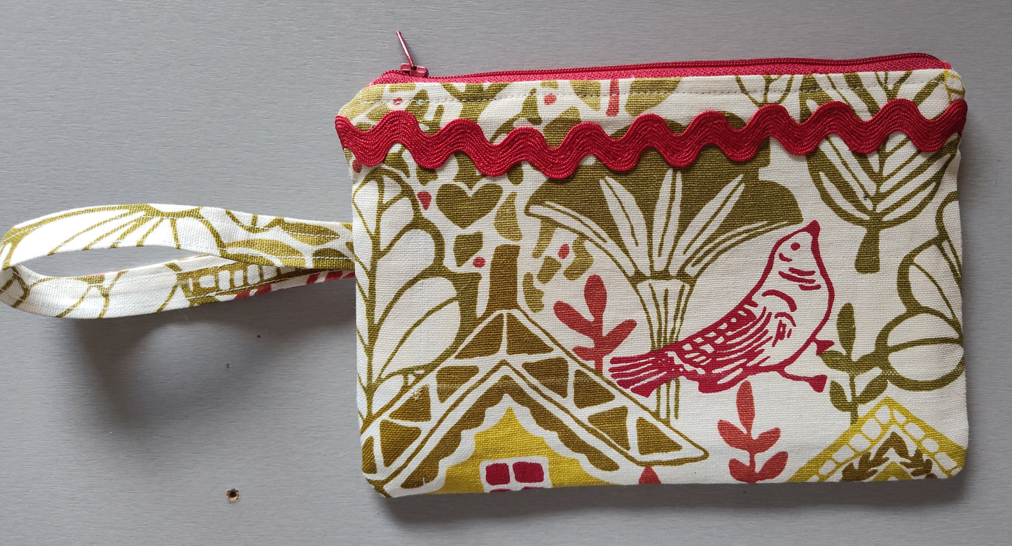 Red Bird Handled Zippered Pouch Wristlet