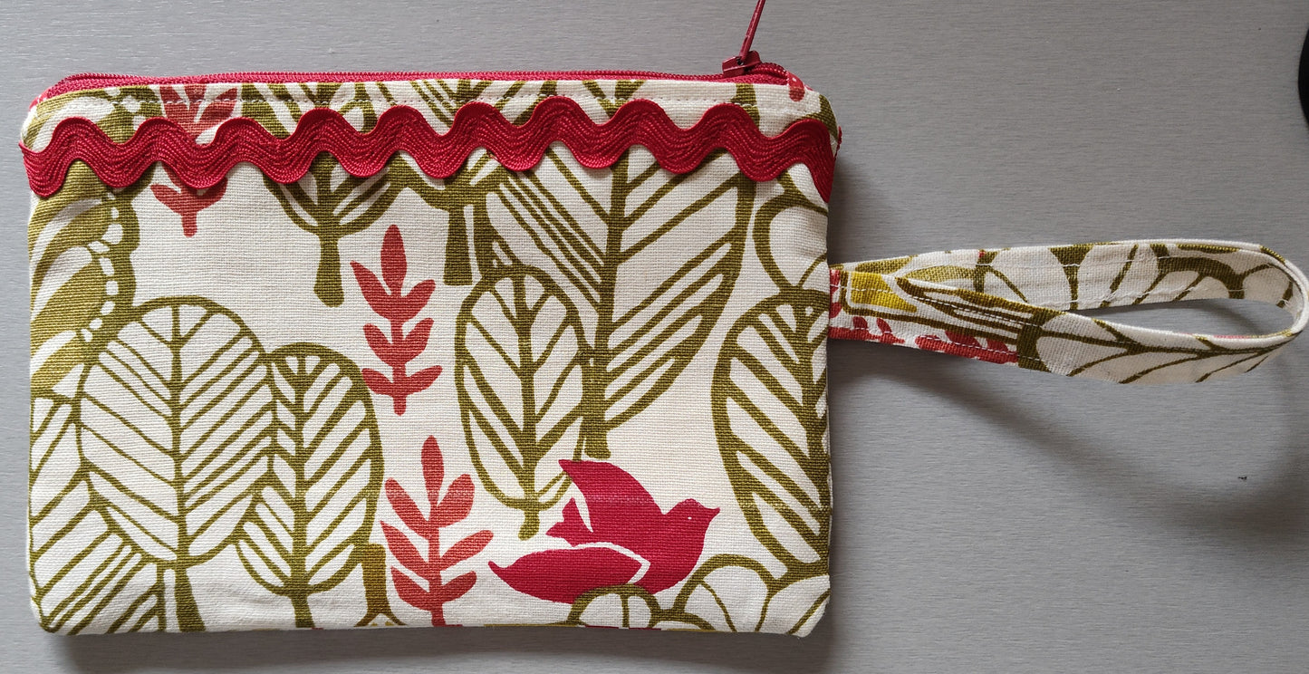 Red Bird Handled Zippered Pouch Wristlet