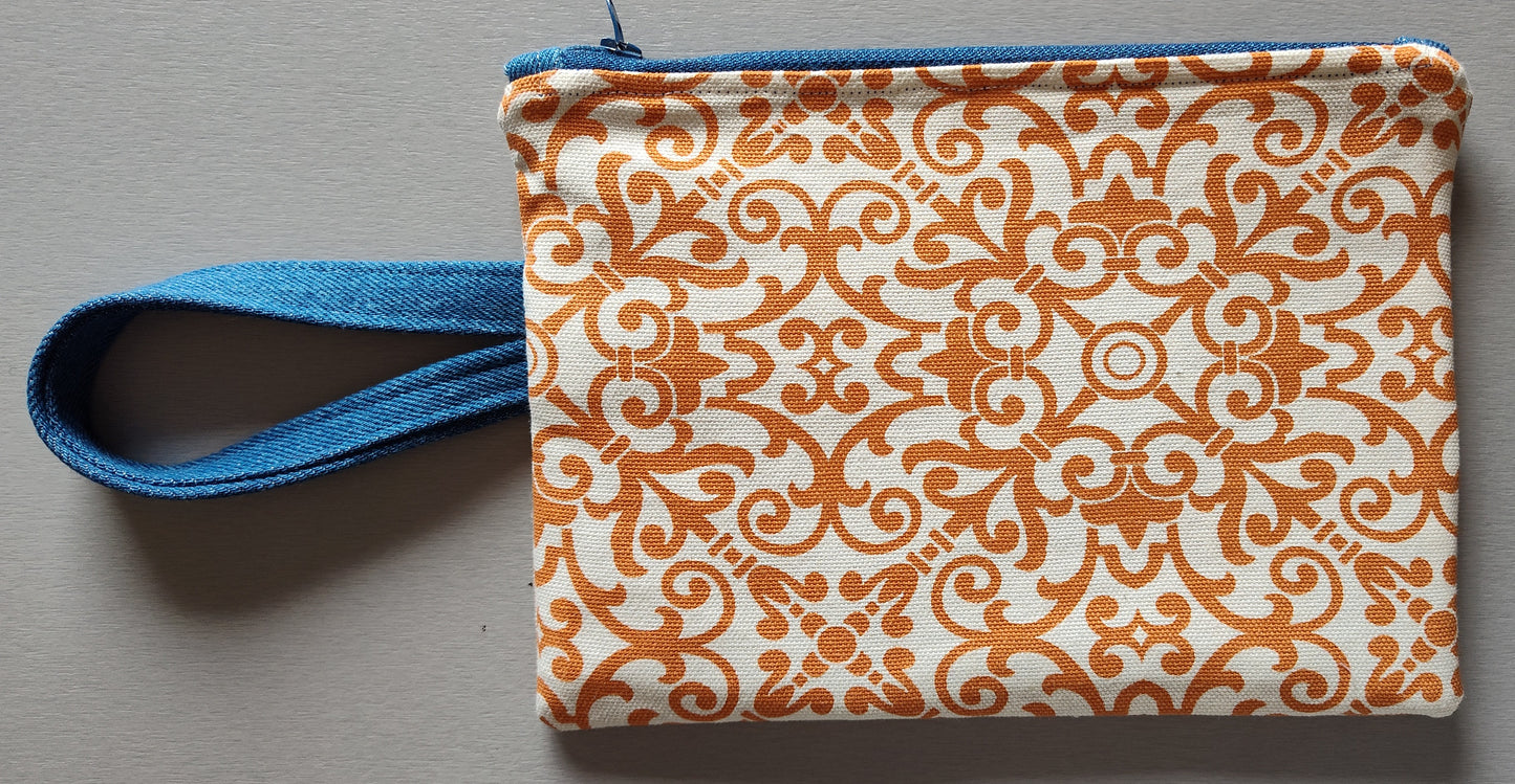 Orange Geo Paisley Zippered Pouch with Wrist Handle