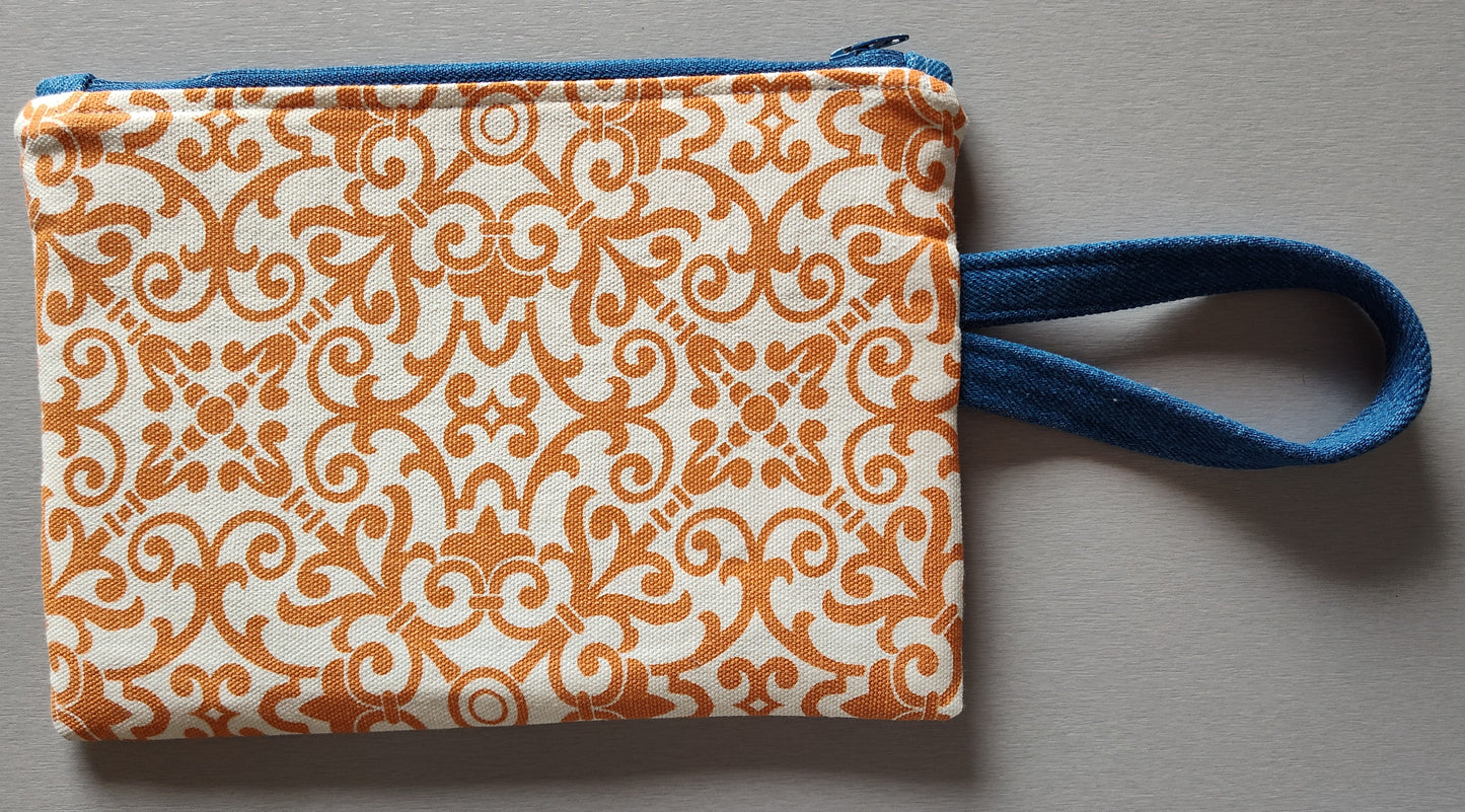 Orange Geo Paisley Zippered Pouch with Wrist Handle