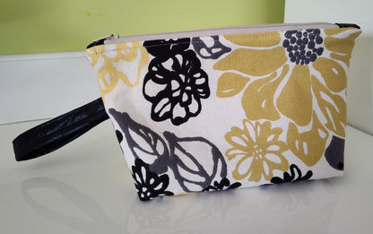 Yellow and Black Flower Cornered Zippered Pouch - Medium