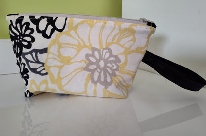 Yellow and Black Flower Cornered Zippered Pouch - Medium