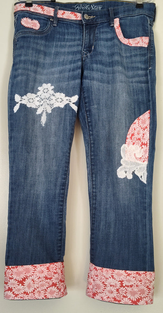 red flower jeans, knit sunflower print with lace, cropped jeans, front, cuffs, patch, patches, pocket detail, size 12
