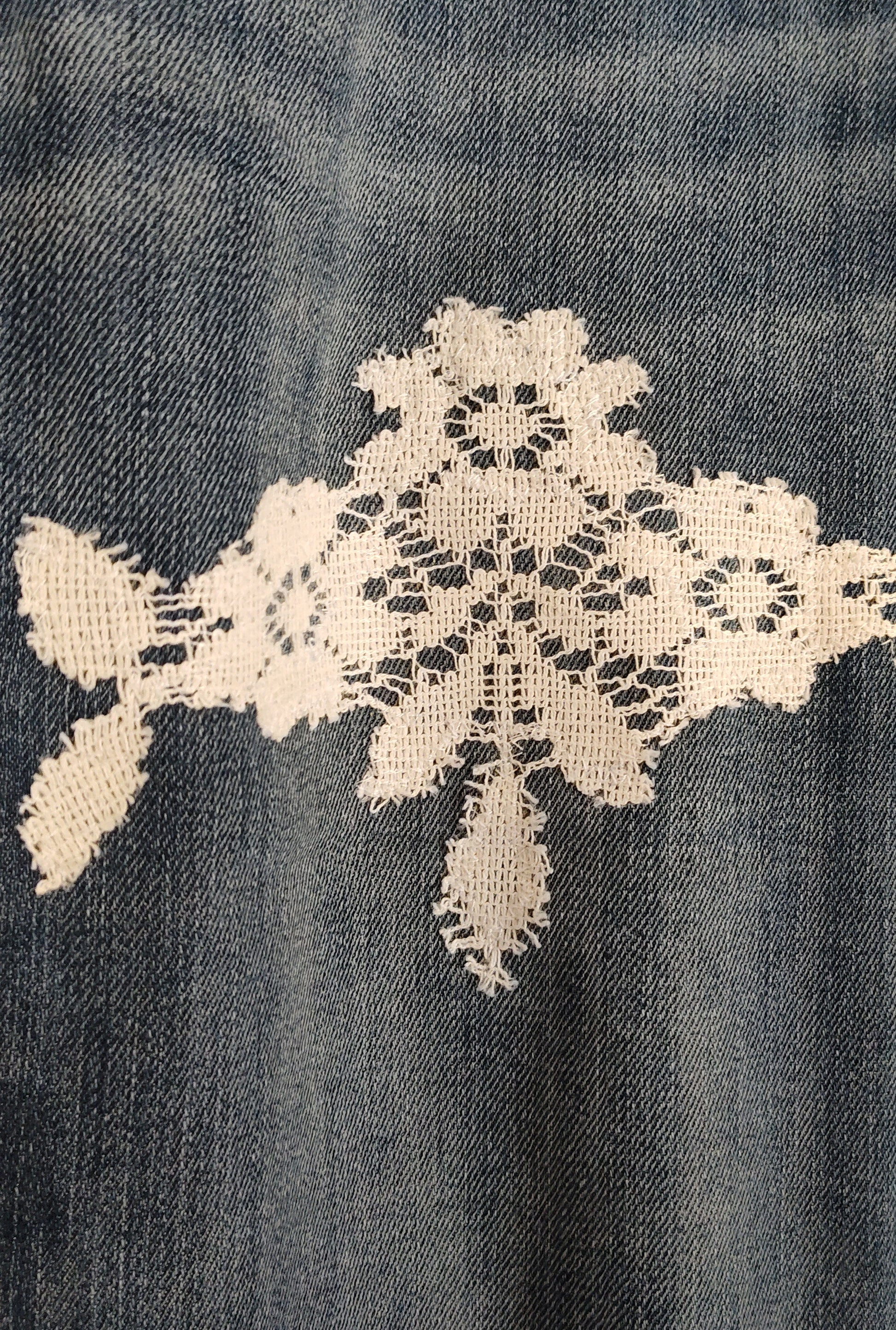 red flower jeans, knit sunflower print with lace, cropped jeans, front, lace on leg detail, size 12