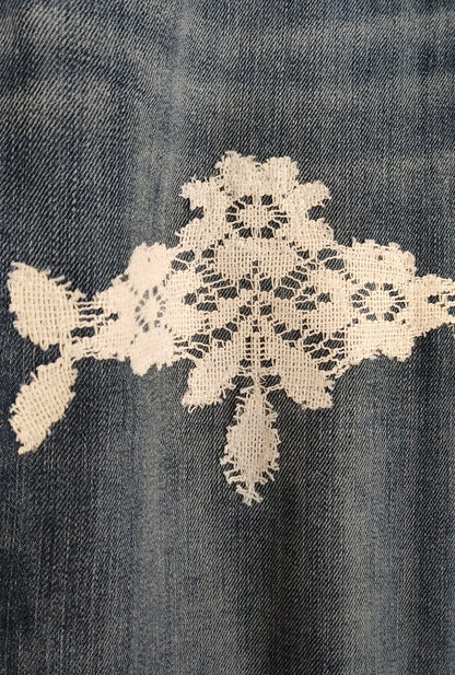 red flower jeans, knit sunflower print with lace, cropped jeans, front, lace on leg detail, size 12