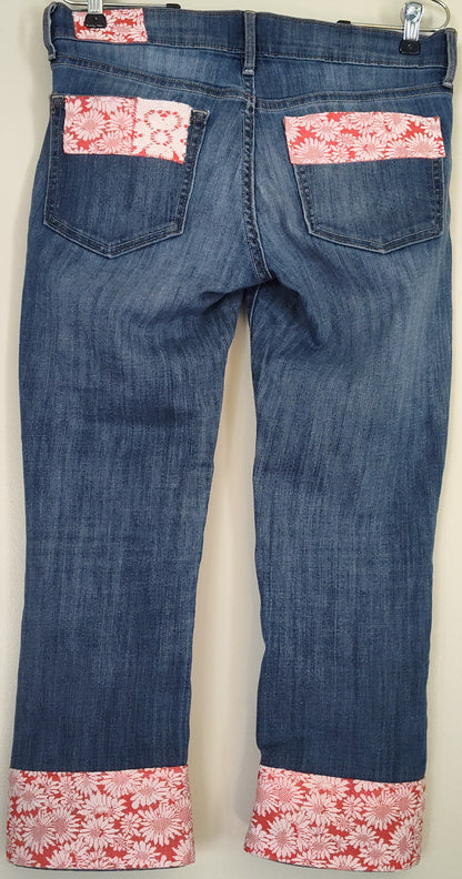 red flower jeans, knit sunflower print with lace, cropped jeans, back, cuff, pockets, waist detail, size 12
